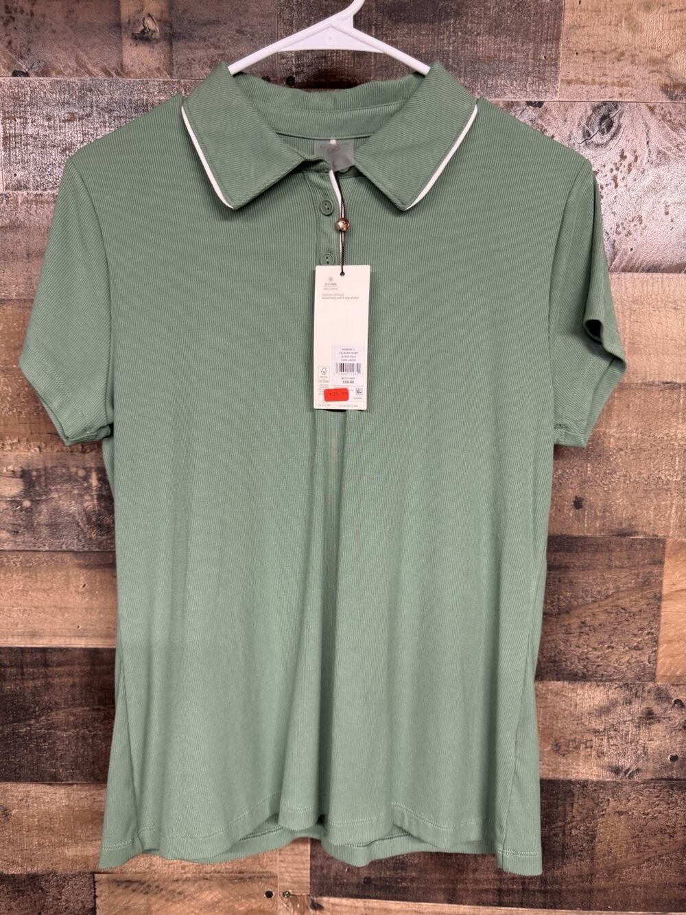 Calia Women’s Size Large Rib Short Sleeve Polo Dark Green NWT SKU 0127